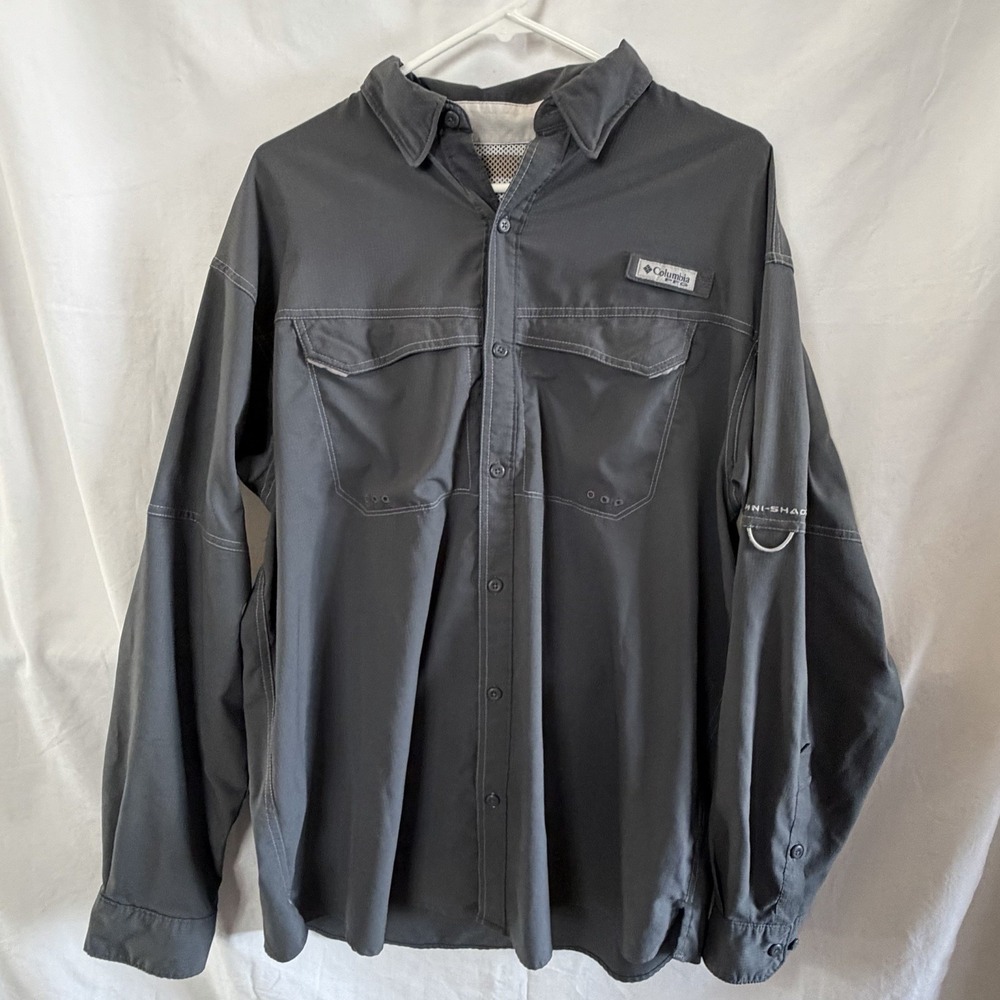 Columbia‎ Men's PFG Fishing Shirt 2XL Gray Omni Shade Roll Tab Vented UPF40